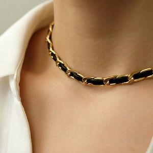 Gold Chain-Link Choker Necklace with Black Inlay